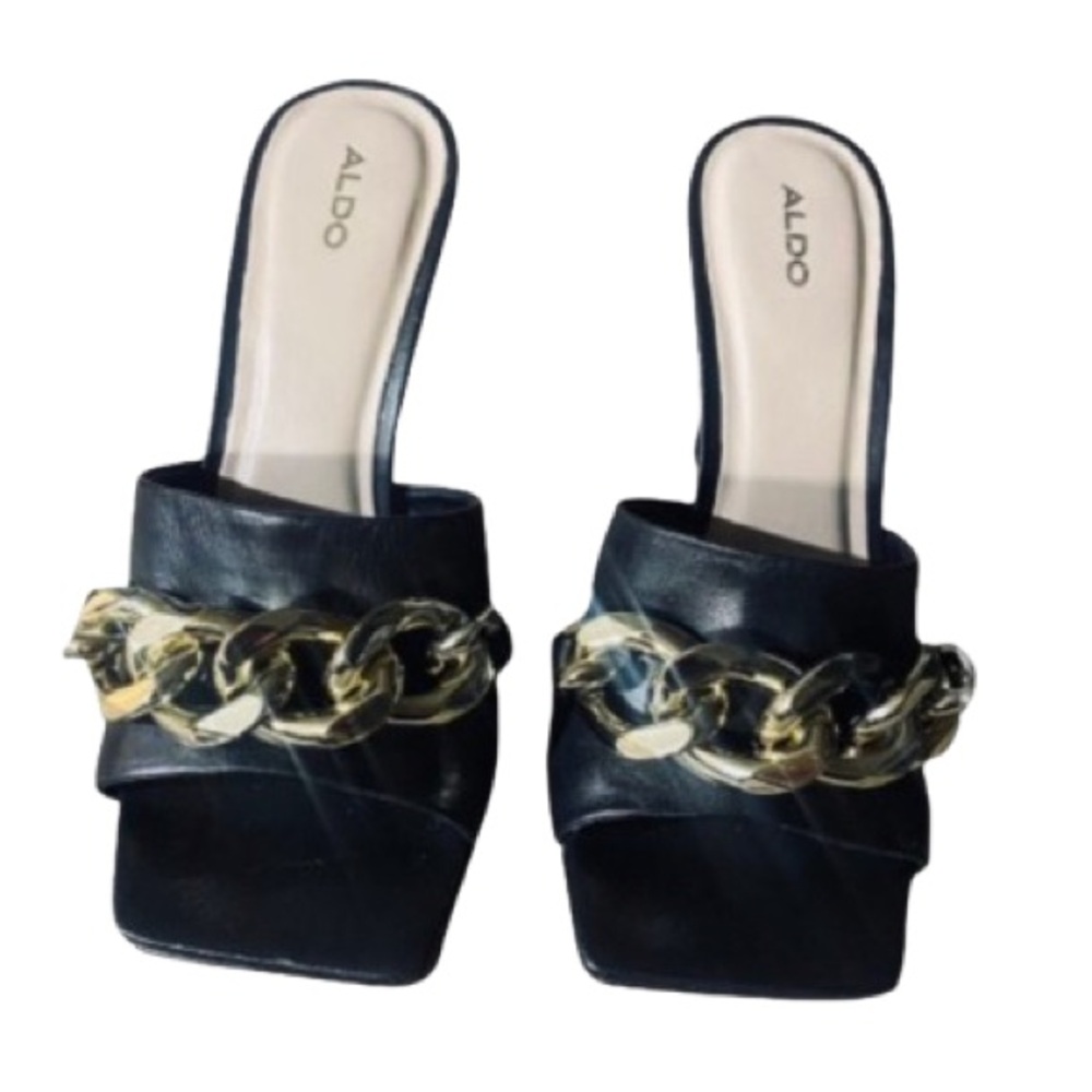 Aldo High Heel Black Leather Square Toe Sandals /Mules w/ Gold Chain Size 6.5 - Picture 10 of 12